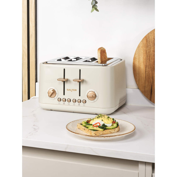 Cream kettle and 4-slice toaster set with copper accents; Salter brand; product image