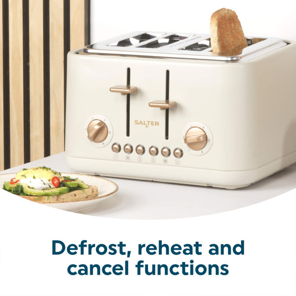 Cream four-slice toaster with gold controls, toasting seeded bread