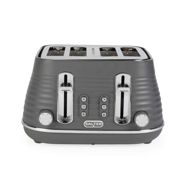 Grey 4-slice Salter toaster with ribbed design, front view, showing controls