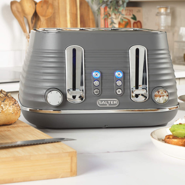 Grey 4-slice Salter toaster with ribbed design, front view, showing controls