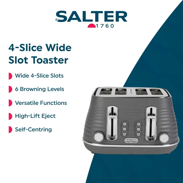 Grey Salter 4-slice toaster with ridged finish, shown toasting bread