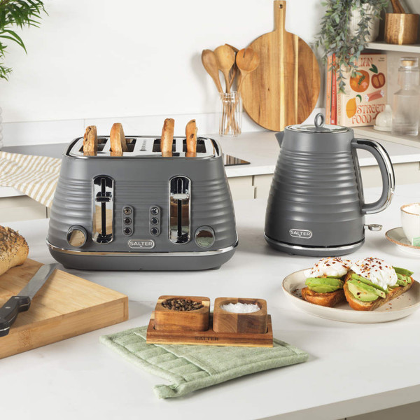 Grey Salter toaster with toast, and matching kettle, shown side by side