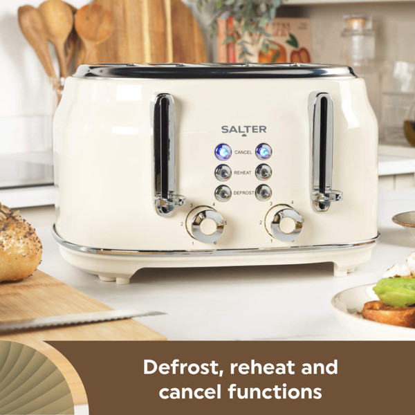Cream 4-slice toaster with chrome controls, front view