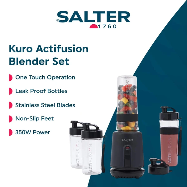Black Salter blender kit with three clear sports bottles, one filled with fruit.
