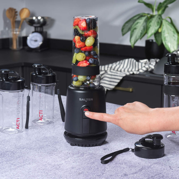 Salter Actifusion black blender with three bottles, one with fruit, one with smoothie