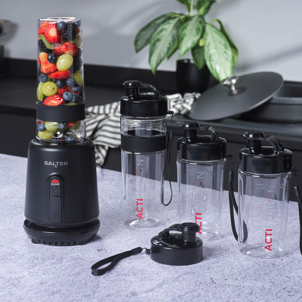 Salter personal blender with smoothie cup and spare yellow drink bottle on kitchen counter