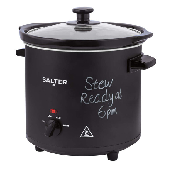 Black Salter slow cooker with glass lid, chalkboard front, dial and writing 'Stew ready at 6pm'