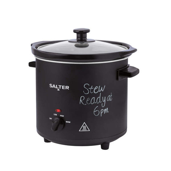Black Salter slow cooker with chalkboard front, handwritten note says 'Stew ready at 6pm'