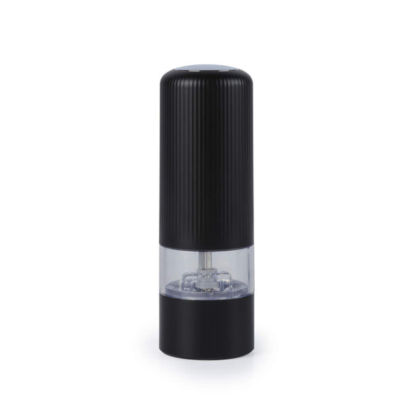 Black electric salt or pepper grinder with clear base, shown upright on white background