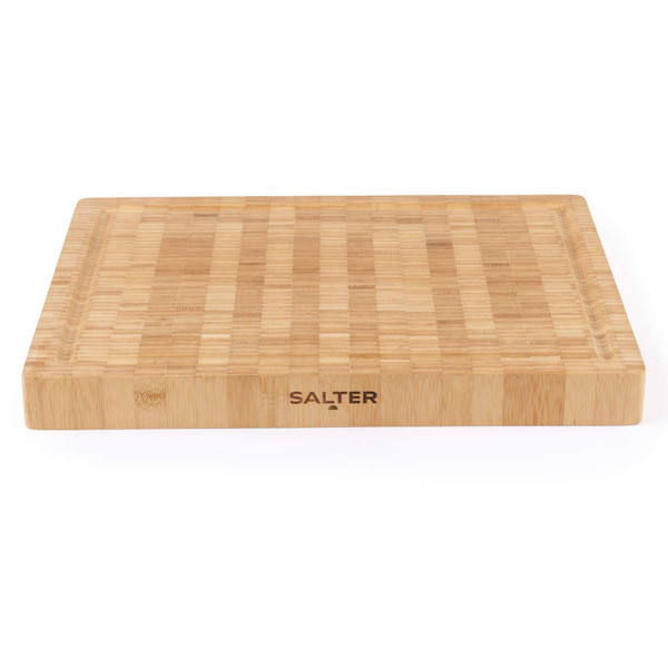 Rectangular bamboo chopping board with Salter logo, juice groove around edge