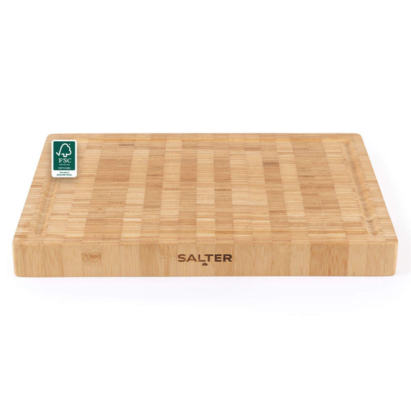 Rectangular bamboo chopping board with Salter logo and FSC certification badge