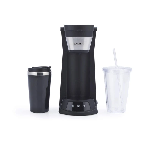 Black single-serve coffee maker with travel mug and clear tumbler, front view