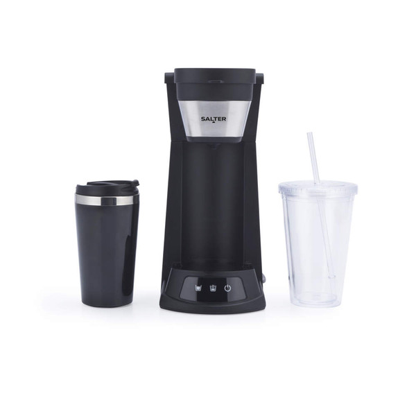 Black single-serve coffee maker with travel mug and clear tumbler, front view