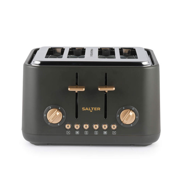 Black 4-slice toaster with copper controls, front view