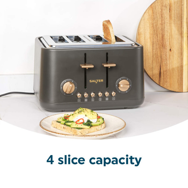 Four-slice black toaster with two pull-out crumb trays, angled product view