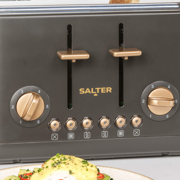 Close-up of grey and gold Pebble toaster with six browning settings