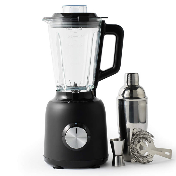 Black blender with glass jug, shown with cocktail shaker, jigger and strainer