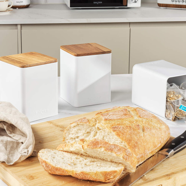 Box showing Salter Toronto 3-piece white canister set with acacia wood lids