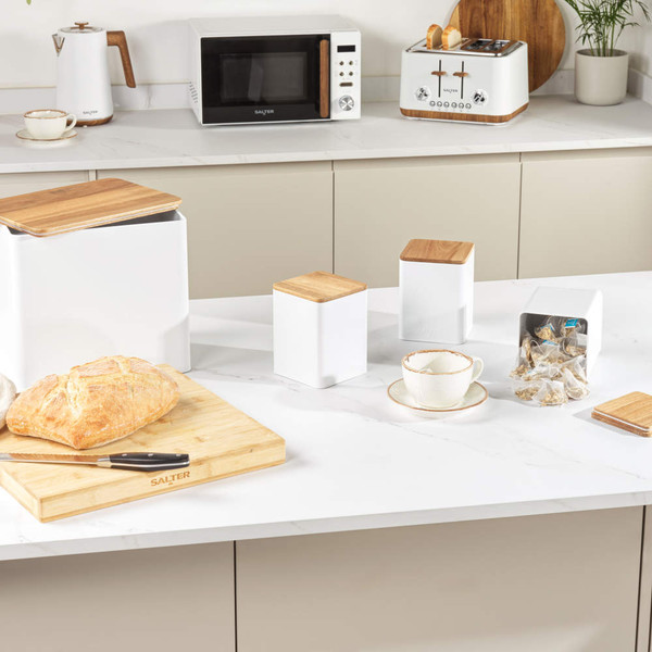 White bread bin with wooden lid, kitchen setting, by Salter