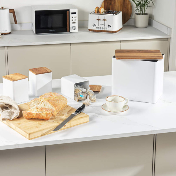White bread bin with wooden lid, kitchen setting, by Salter