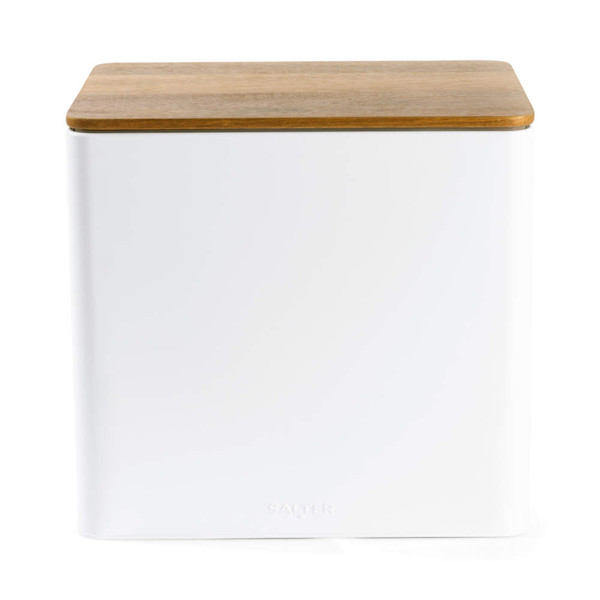 White storage container with wooden lid, front-facing, suitable for kitchen or home use