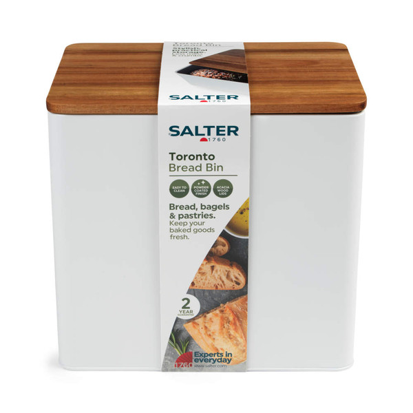 White storage container with wooden lid, angled front view
