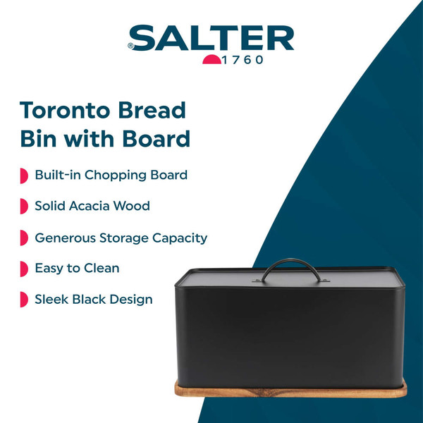 Black metal bread bin with acacia wood chopping board base, Salter Toronto range.