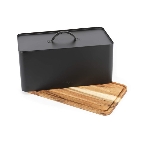 Black bread bin with handle on natural wood base, product listing image