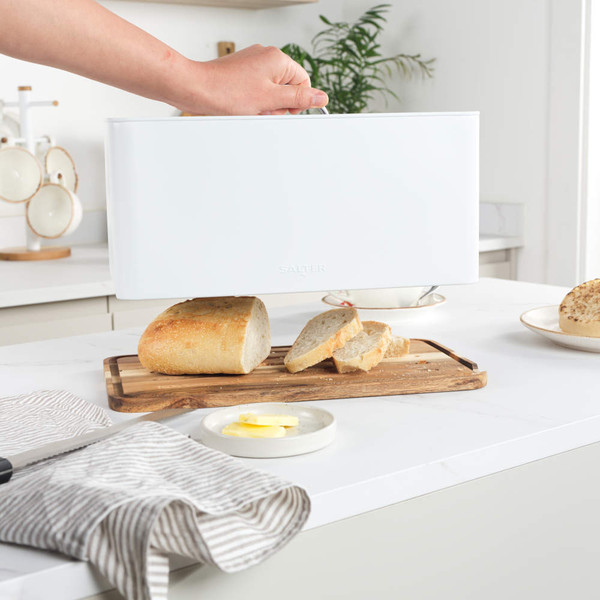 White bread bin with handle and wooden chopping board base