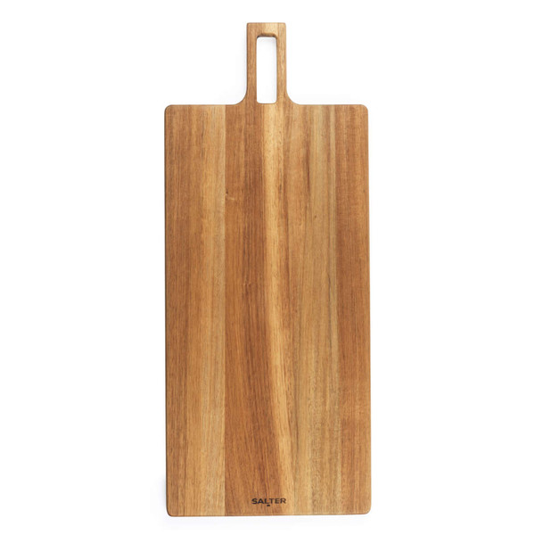 Rectangular wooden chopping board with handle, natural wood finish