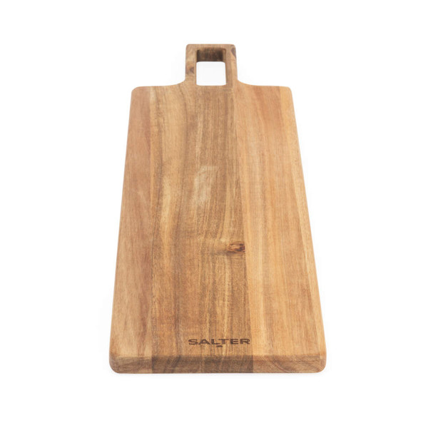 Rectangle wooden chopping board with handle, engraved Salter logo, shown flat.