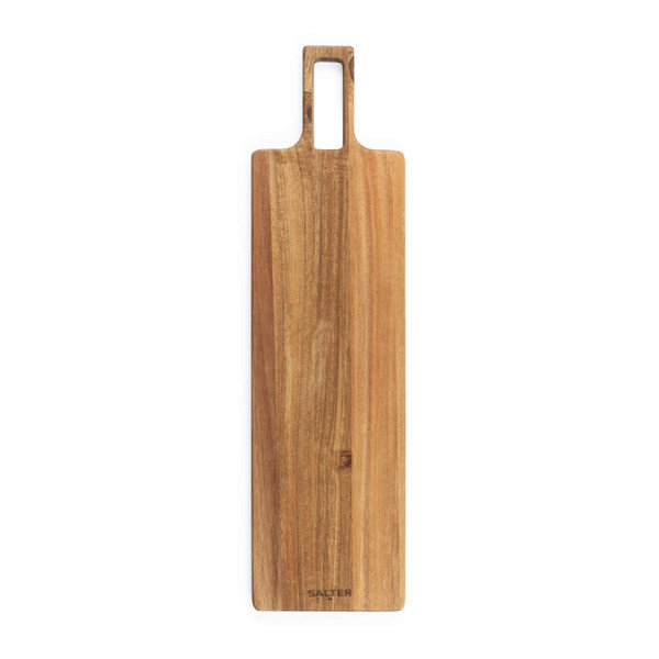 Rectangular acacia wood serving board with handle, Salter logo at base