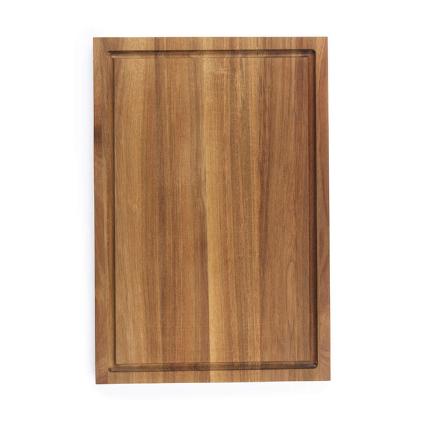Rectangular wooden chopping board with groove edge, shown from above.