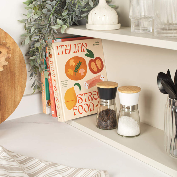 Salt and pepper grinders set with bamboo lids, showing white and black finish, Salter branded.