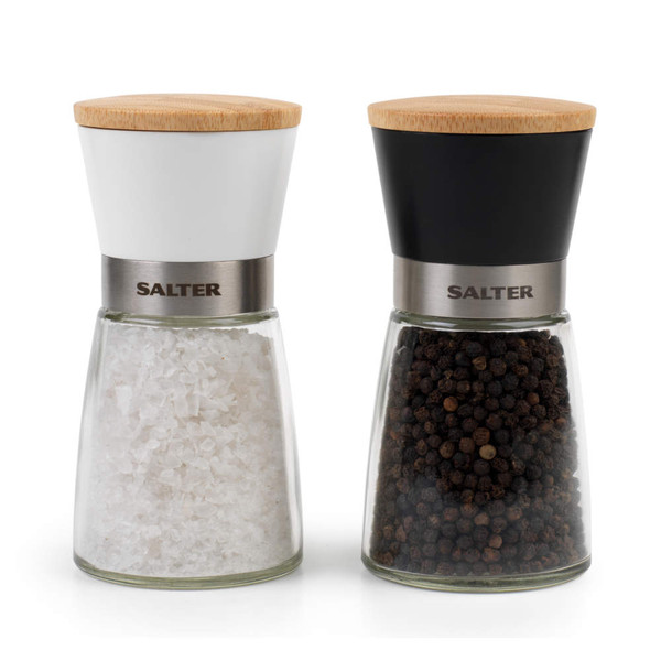 Set of Salter salt and pepper grinders with bamboo lids, black and white tops.