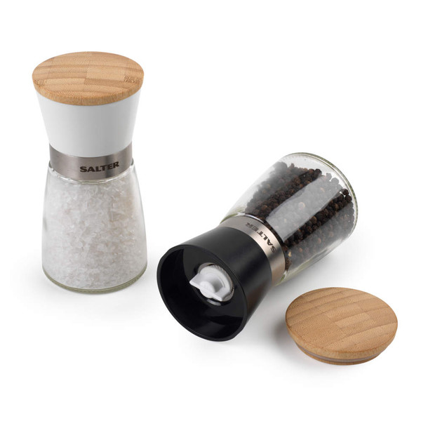 Set of Salter glass salt and pepper mills with wood lids, white and black tops.