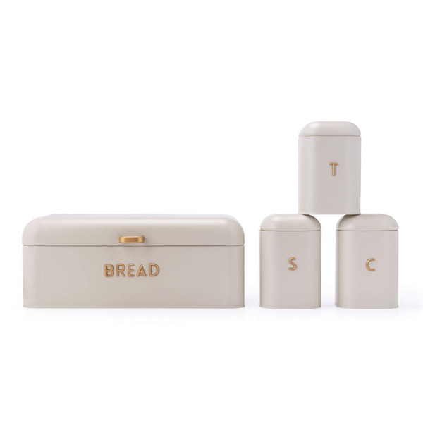 Cream kitchen storage set with bread bin and three labelled canisters for tea, sugar, coffee