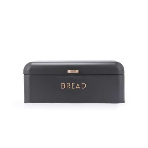 Black metal bread bin with gold handle and 'BREAD' text on front, shown on white background
