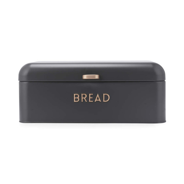 Matte black metal bread bin with gold handle and raised 'BREAD' text, lid open.