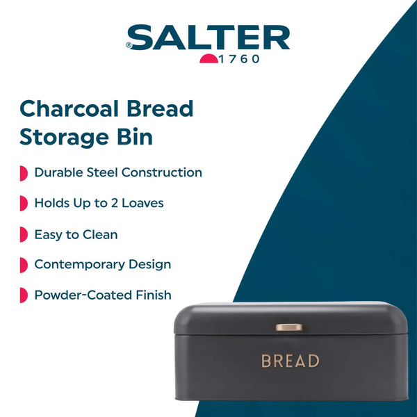 Matte black bread bin with lid open, showing rustic loaf inside on kitchen counter.