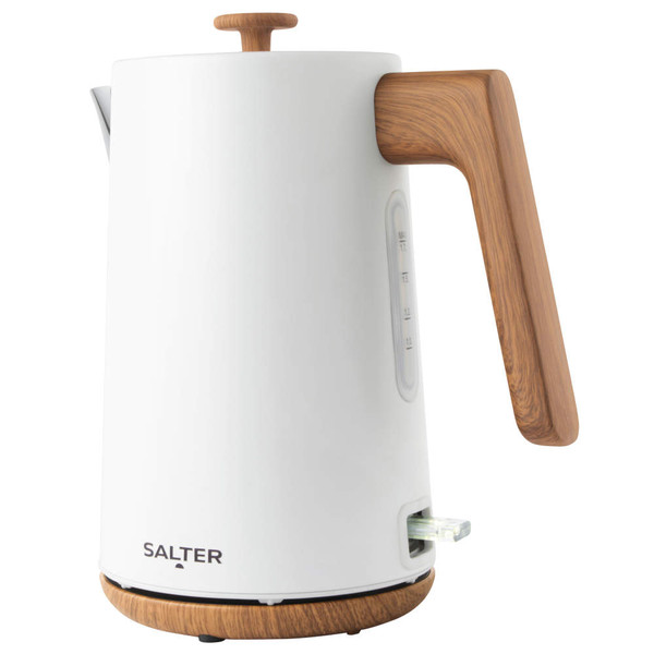 White electric kettle with wood-effect handle and base, side view
