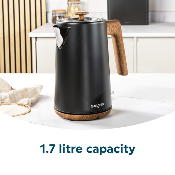 Black 1.7 litre kettle with wood-effect handle and base