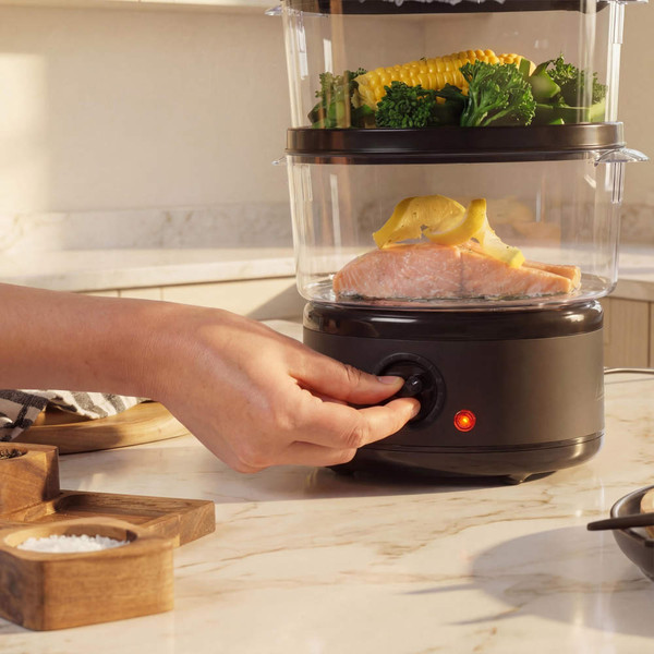 Electric food steamer in use with salmon and vegetables inside, kitchen counter setting