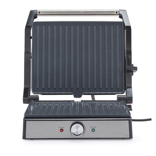 Electric panini grill with silver finish, open to show non-stick ribbed plates