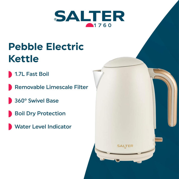 Cream cordless electric kettle with gold handle, Salter branding, on kitchen worktop