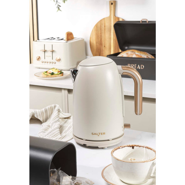 Cream Salter kettle and toaster set on kitchen counter with bread bin and tea caddy