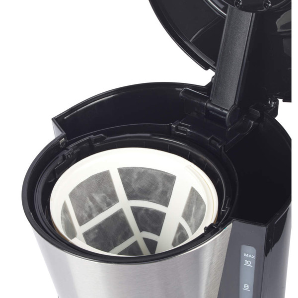Open black and silver coffee maker with removable mesh filter basket shown