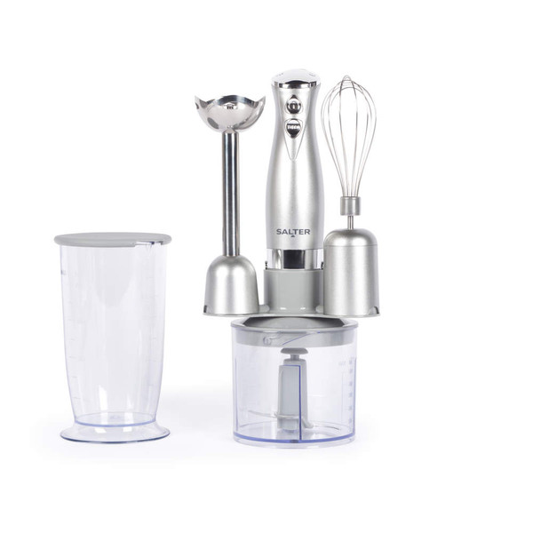 Silver hand blender set with whisk, blender attachments and measuring cups