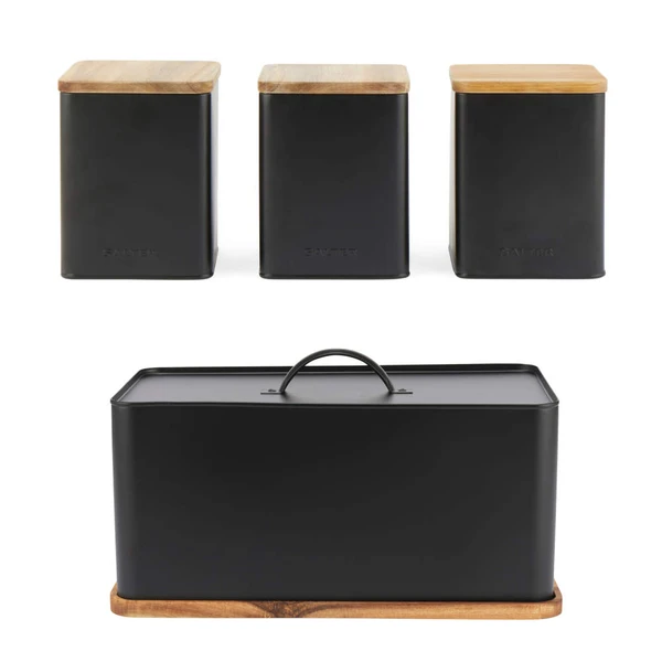 Set of three black kitchen storage tins and matching bread bin with wood lids