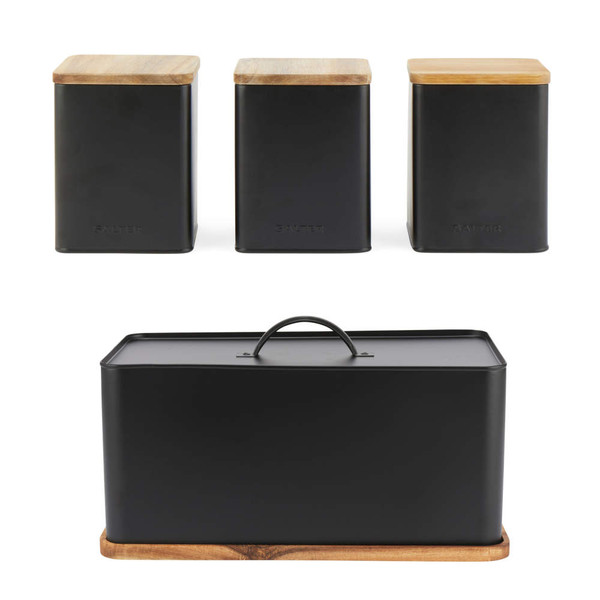 Set of three black kitchen storage tins and matching bread bin with wood lids